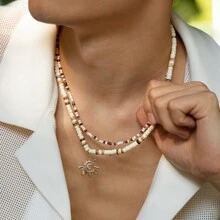 2pcs Coconut Shell Beaded Necklace, Layered Sun Pendant Choker Necklace For Men And Women, High-End Streetwear, Daily Summer Style, Couples Necklace