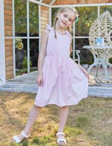 2025 BestEnlifety 3-10T Girls Dresses Sleeveless Summer Dress Bowknot Strap Sundress - 草莓條紋 - 查看 8