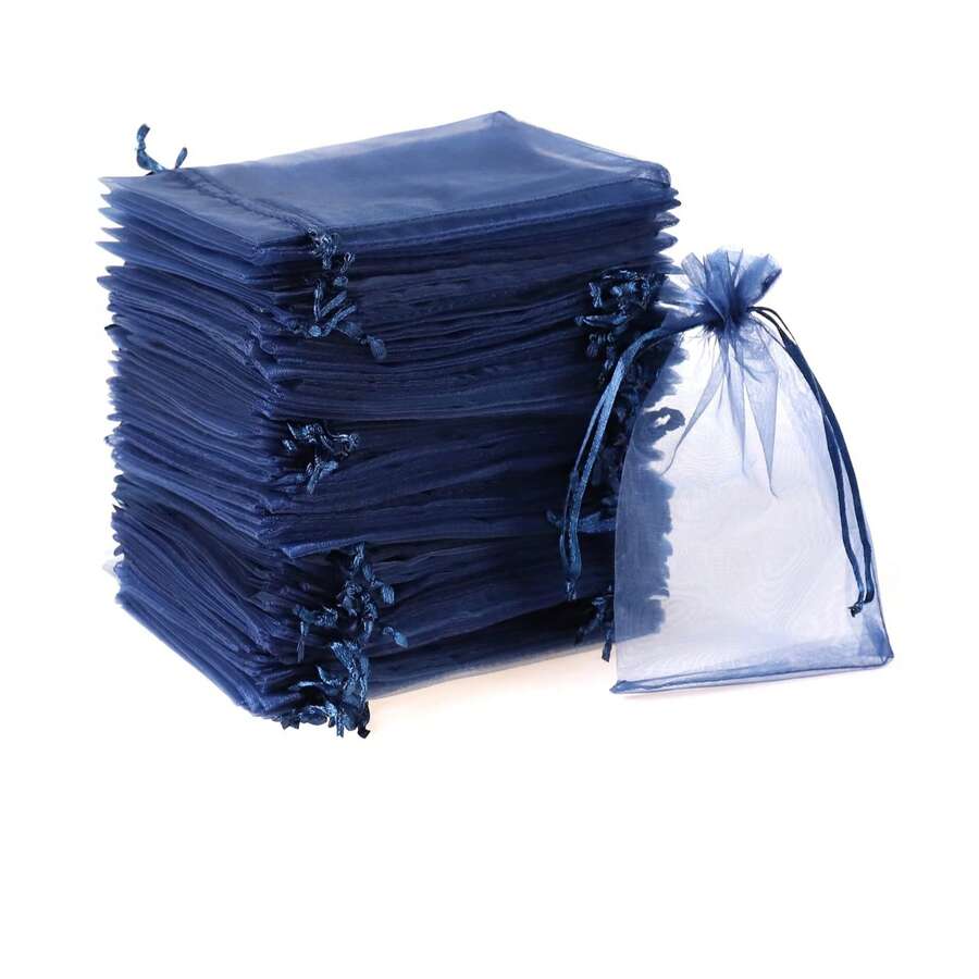 50 个鲜艳多彩的抽绳欧根纱礼品袋 - 各种尺寸（小、中、大）适用于婚礼、派对礼品、珠宝收纳和整理、生日派对礼物礼品和糖果包装、派对礼品袋 | 欧根纱纺织袋、珠宝袋礼品袋优雅 - 藏蓝色 - 查看 1
