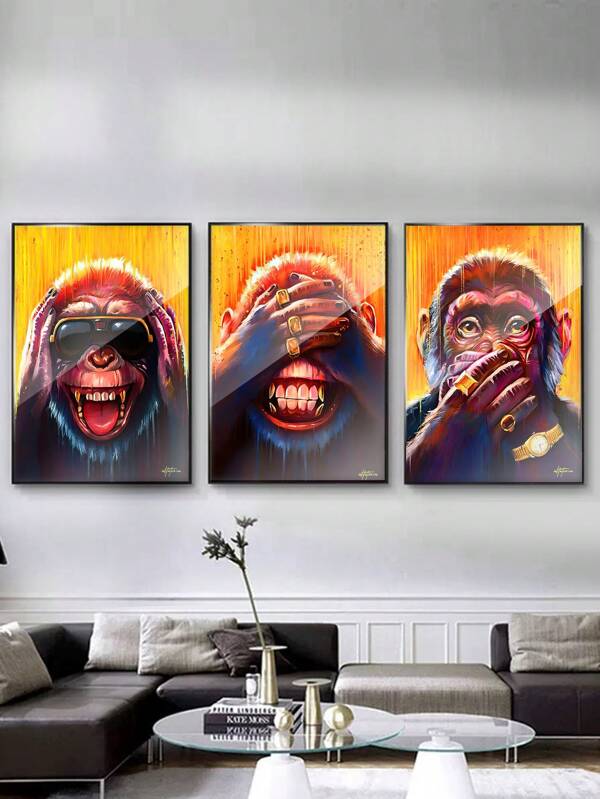 1/3Pcs, Optional Frame, Monkey Canvas Wall Art Deco, Animal Theme Ink Art Prints,Wall Art With Frame, Suitable For Bedroom, Bathroom, Room And Home Decoration.