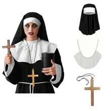 Set di 4 pezzi per costume da suora: cappello + sciarpa + collana con croce, accessori per cosplay adulti, cappello bianco da donna con colletto, ciondolo a croce dorata. Questo set multifunzionale include tutto il necessario per incarnare il look classico di una suora con un tocco moderno. Accessori per costume di Ognissanti
