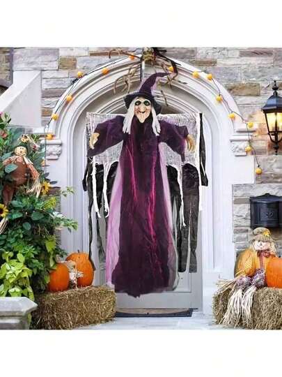 قطعة واحدة من زينة الساحرة المعلقة الواقعية - ديكور الهالوين في المنزل المسكون، غرفة الهروب، الاستخدام الداخلي/الخارجي، ديكور هالوين باللون البنفسجي، رعب داخلي، مظهر غريب، تحفة دقيقة، تزيين الحفلات