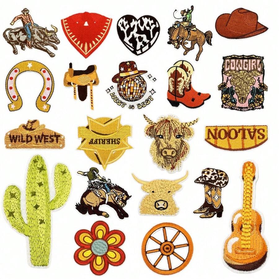 21pcs Design Classic Western Cowboy Iron On Patches, Sew On Repair Embroidered Applique Patches For Hats, Jacket, Clothes, Backpacks – DIY Crafts Gift For Girl - 西部牛仔系列 - 查看 1