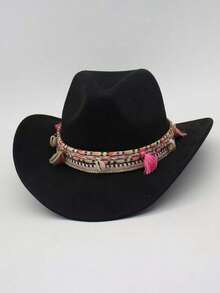 1pc Women's Western Cowboy Hat, Solid Color Trilby Hat, Suitable For Holiday Parties, Gatherings, Outings, Etc. - Tassel Colored Rope Hat - View 13