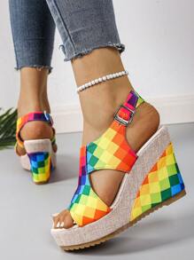 Women's Rainbow Print Bohemian Wedge Thick Bottom Sandals, Open Toe Beach Shoes, Platform Anti-Skid Outdoor Casual Slippers, Fashion Summer Adjustable Buckle Chunky Heels Slide Shoes, Multi-Color Floral Clubwear