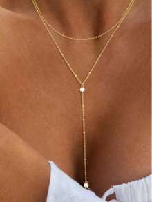 1 件欧美风格 Y 形锆石双层项链，长流苏毛衣链，独特唇链领口项链 - 銀色 - 查看 3