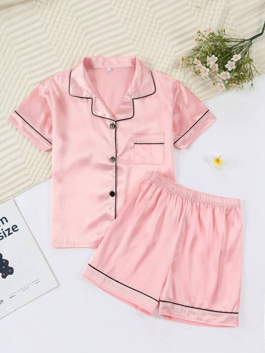 Girls Pajamas, Satin Silky Pjs Set Kids 2Pcs Button-Down Nightwear Sleepwear Gift For Kids - 粉色 - 查看 1