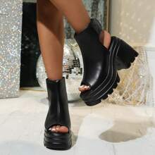 Women's Solid Color Stylish Sandals, Ankle Strap Platform Soft Sole Slingback Shoes, Peep Toe Chunky Heel Shoes