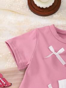 3pcs/Set Girls Casual Bow Decor Short Sleeve T-Shirts With Ruffle Lace Hem, Round Neck Tops For Baby Girl Summer Outfit - Multicolor - View 4