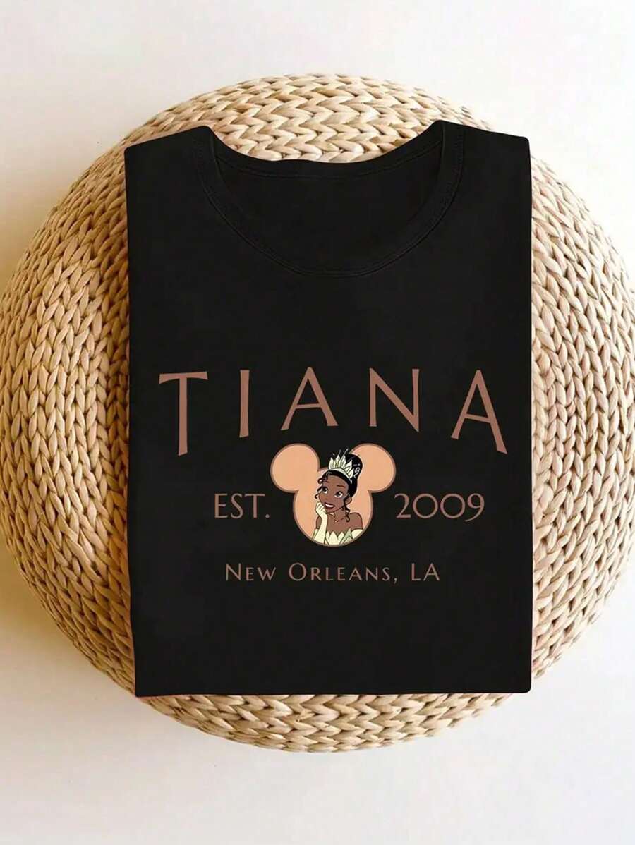 Cartoon Image Short Sleeve Round Neck T-Shirt, Casual And Fashionable Short Sleeve T-Shirt, Micro Elastic, Opaque, Easy Care Material, Perfect For Everyday Wear, Ladies T-Shirt - 黑色 - 查看 1