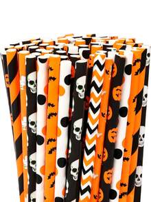 15pcs Halloween Paper Straws - Spooky Party Straws , Featuring Festive Halloween Designs Like Ghosts, Skulls, Pumpkins And Bats! Cocktail Decorations, Themed Desserts And Spooky Beverage Presentations. - Multicolor - View 9