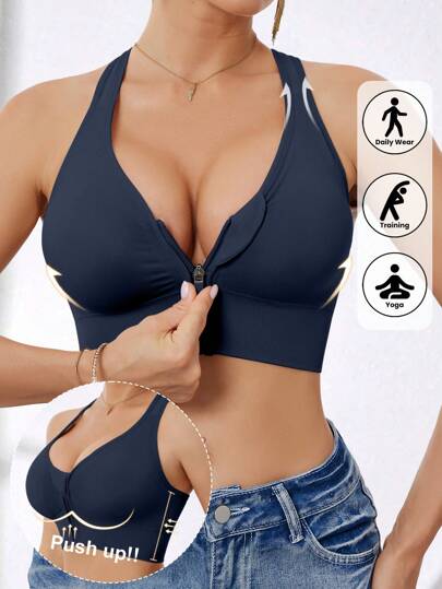 Ladies High Impact Front Zip Wirefree Seamless Elastic Sports Yoga Running BH Women