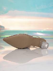 秋冬女士高跟尖头凉鞋,饰有闪亮水晶,透明水晶鞋跟,弹性踝带,适合正式场合、婚礼、派对和情人节等场合,优雅时尚。 - 香檳色 - 查看 7