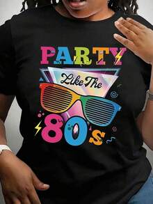 T-shirt imprimé avec la culture musicale disco et la mode rétro des années 80. Style rétro avec texte coloré, lunettes vintage et motif d'éclair. Plein d'une atmosphère nostalgique de culture de fête. - Noir - Voir 3