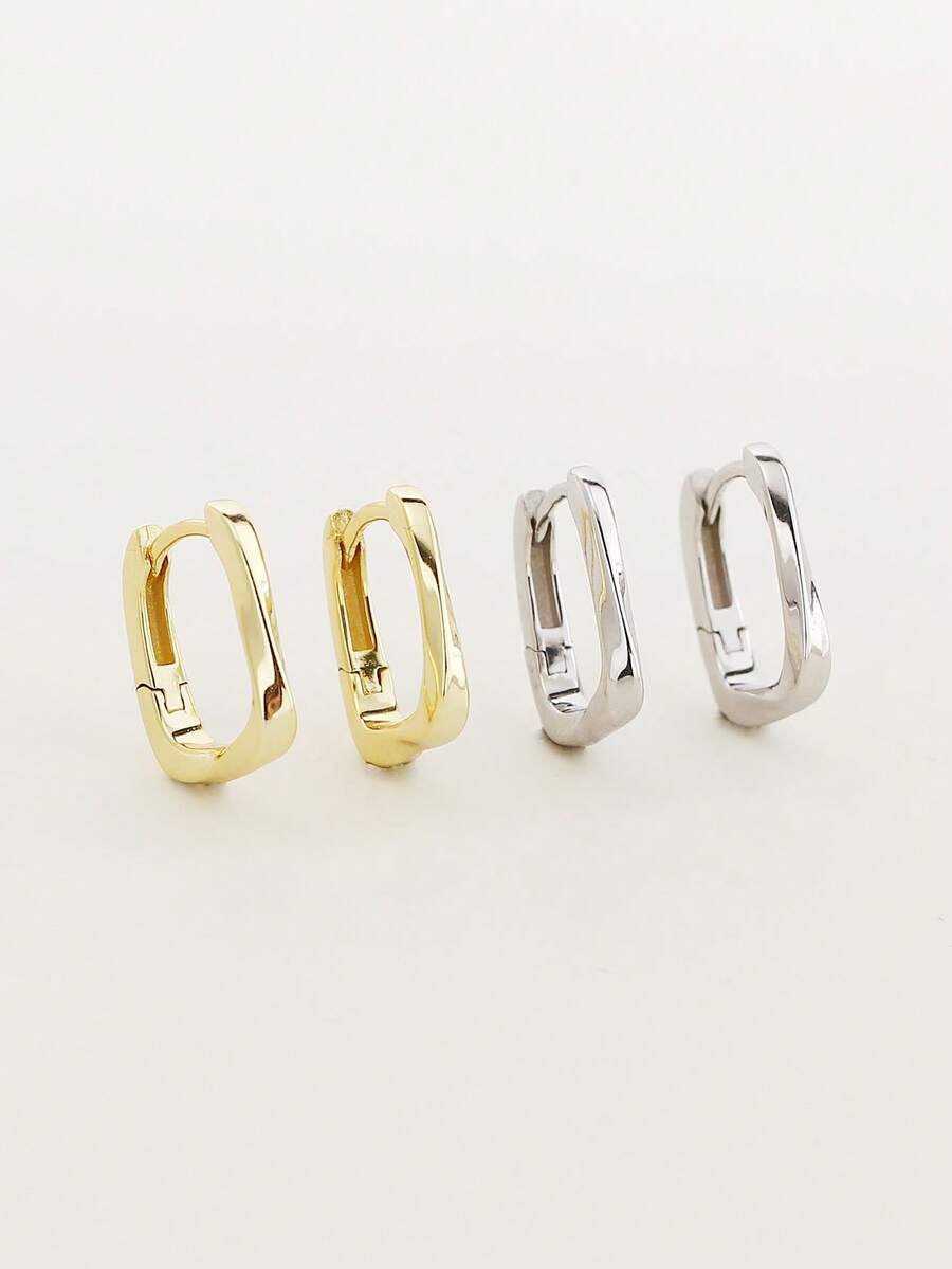 1 对简约 S925 银几何环形耳环，方形流线设计，优雅日常佩戴耳环，适合女性，理想礼物 - 耳環 - 查看 1