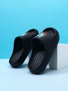 Chanclas de espuma EVA para niños, ligeras, con suela antideslizante y suave, lindas, para uso doméstico casual, de secado rápido, con diseño de fútbol y deportes, de unicolor simple, con suela gruesa, para niños y niñas, sandalias de playa - Negro - Ver 11