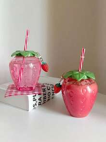 1 pieza Vaso con forma de fresa linda con pajita y tapa, vaso de diseño de fresa de plástico, taza decorativa de fresa creativa, taza portátil adorable para té con leche/fruta para el hogar, fiestas, uso al aire libre, regalo perfecto para cumpleaños, Día de San Valentín, Día de la Madre - Multicolor - Ver 1