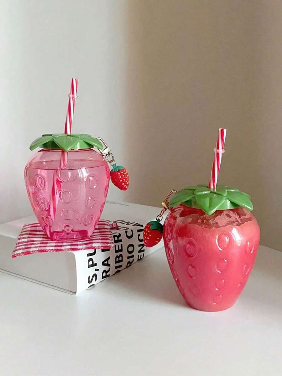 1 pieza Vaso con forma de fresa linda con pajita y tapa, vaso de diseño de fresa de plástico, taza decorativa de fresa creativa, taza portátil adorable para té con leche/fruta para el hogar, fiestas, uso al aire libre, regalo perfecto para cumpleaños, Día de San Valentín, Día de la Madre - Multicolor - Ver 1