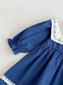 1pc Young Girls Embroidered Floral Ruffled Hem Long Sleeve Dress, Casual Fashion & Comfortable, Autumn - Blue - View 6