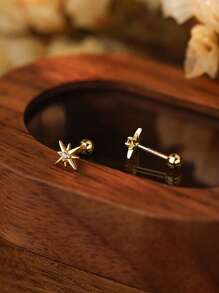 1pair S999 Sterling Silver Cubic Zirconia Eight-pointed Star Design Symmetric Earrings For Women