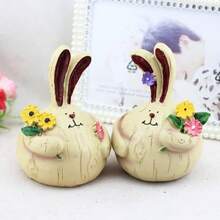 2pcs Resin Hand-Painted Vintage Countryside Rabbit Figurines, Cute Bunny Decorative Home Ornaments, Tabletop Decor For Easter - Multicolor - View 3