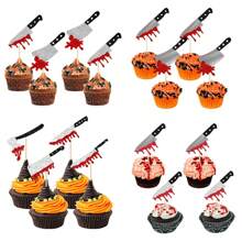 12pcs Halloween Cupcake Toppers Glitter Horror Blood Knife Cupcake Picks Have A Killer Birthday Cake Decorations For Halloween Blood Knife Theme Birthday Party Supplies