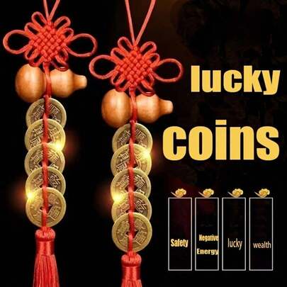传统五帝铜钱 - 风水招财符，幸运车挂件，双面纪念币徽章，收藏礼品，手工打造吉祥铜钱，祈求平安，适合家居及办公装饰 - 经典流苏设计，万圣节、圣诞节、新年完美礼物
