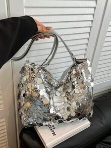 1 件亮片新款 PVC 亮片单肩包，女士亮片矩形单肩包，独特拉链开合链条肩带手拿包，时尚闪光单肩包，个性化闪光街头背包，通勤背包 - 銀色 - 查看 1