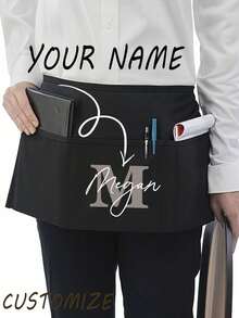 1Pc Personalized CustomUnisex Polyester Apron With 3 Pockets - Customizable Short Half Waist Waiter Work Uniform Hair Stylist Black Apron Hairdresser Beauty Salon Cosmetologist Cosmetology School Barber Gift Custom,For Kitchen, Hotel, Restaurant, Cooking, Baking, And Chef Use, Perfect For Personalized Text Or Logo - Multicolor - View 6