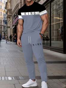 Ensemble Top à manches courtes col rond et pantalon avec imprimé "King" en couleurs contrastées, confortable pour homme - Multicolore - Voir 1