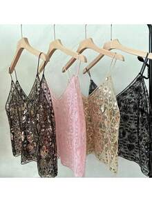 Women Y2K Sequin Cami Top Deep V Neck Mesh Crop Tops See Through Straps Tank Cute Sparkle Backless Low Cut Summer Crop Tops - 黑色 - 查看 3