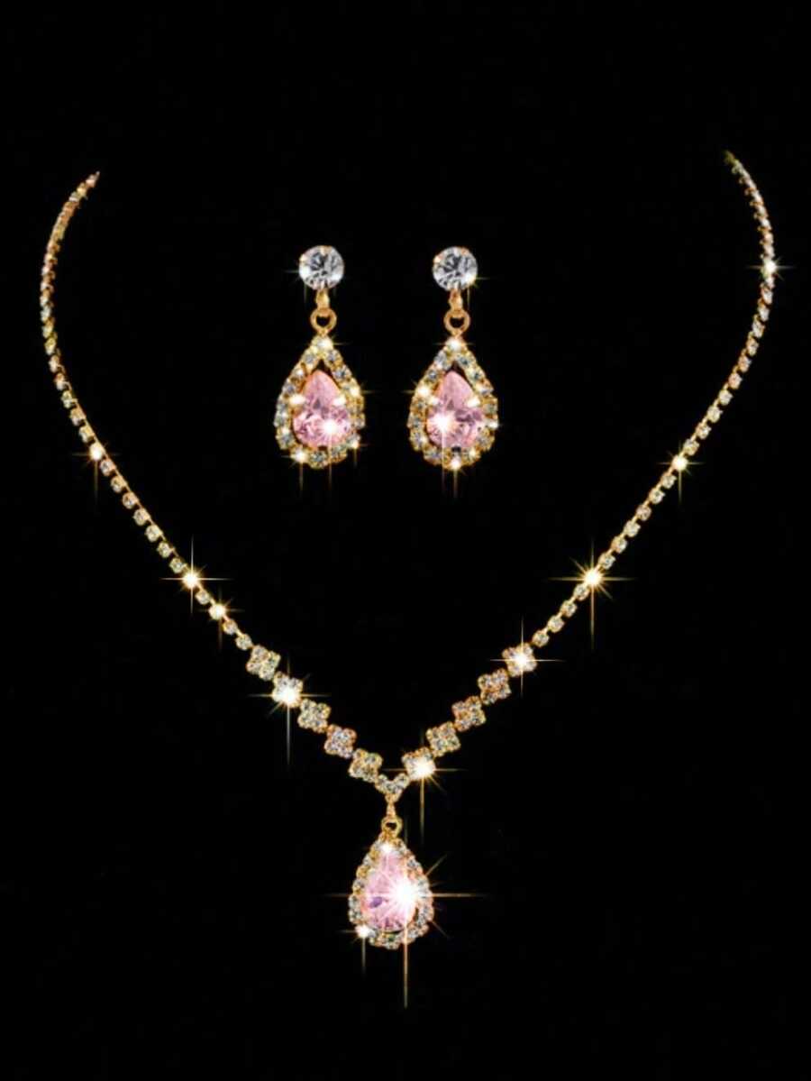 闪亮锆石新娘首饰套装 - 耳环和项链组合，水钻首饰套装