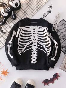 Boys' Halloween Skeleton Knitted Pullover Sweater, Suitable For Holiday, Spring, Autumn And Winter Seasons - Black - View 2