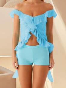 Tops de mujer con hombros descubiertos, volantes, color liso, espalda descubierta, ombligo al descubierto, estilo urbano de verano. - Azul - Ver 4