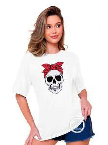 Women's Skull Bow Blouse T-Shirt 100% Cotton Mesh Premium Line - White - View 3