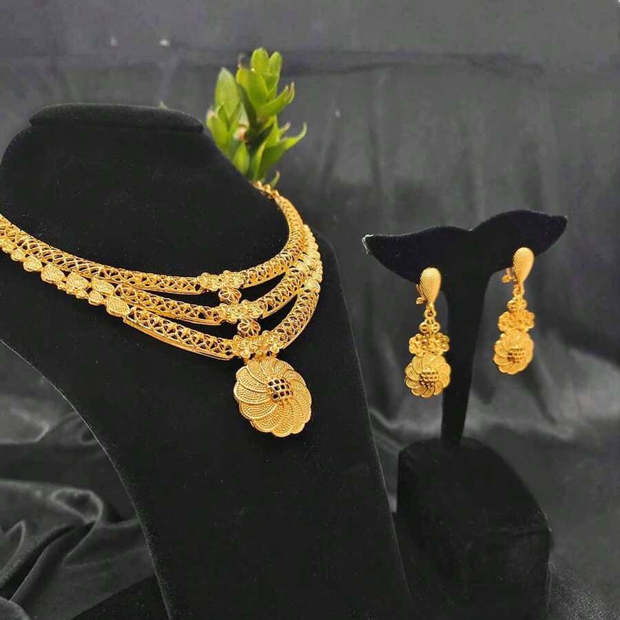 3pcs Middle Eastern Style Jewelry Set: Necklace & Earrings, European & American Bridal Jewelry Set