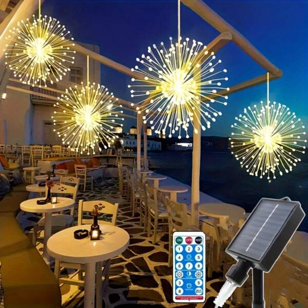 4Pcs/Set Hanging Solar Firework Lamp, 360LED/480LED Starburst Light Copper Wire Outdoor Waterproof Light, 8 Mode Remote Control Fairy Decorative Light, Eaves Garden Tree Decorative Light For Halloween And Christmas Light Strings (Warm White)
