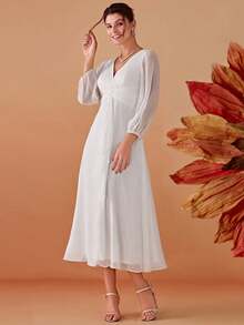 优雅浪漫V领长袖荷叶边扭结中长连衣裙，秋季新娘送礼会派对礼服 - 白色 - 查看 4