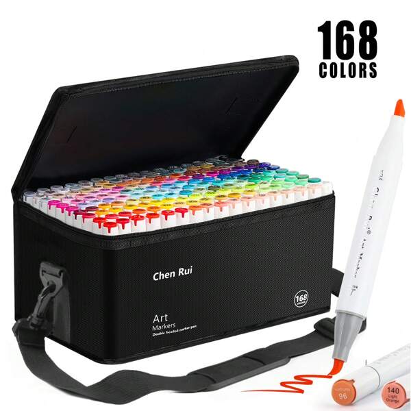 Set de 48/60/80/100/120/168 colores, 1 marcador de doble punta de alcohol, marcadores permanentes Chen Rui con punta de pincel y biselada con base, kit de suministros de arte para libros de colorear, regalos para adolescentes, niños y artistas, perfecto para volver a la escuela