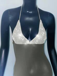 Y2K Women's Metal Rhinestone Bralette, Sexy Sheer Glitter, Suitable For Bar Party Carnival, Club Wear For Rave