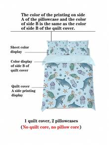 Conjunto de cama com estampa de tartaruga e tubarão marinho, 4 peças (1 capa de edredom + 2 fronhas + 1 lençol de cima), lavável, adequado para quarto, hotel, escola, apartamento