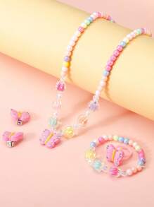 Juego de 5 piezas de collar, pulsera, anillo y aretes con charms de mariposa lindos, adecuado para que las niñas lo usen a diario durante todo el año