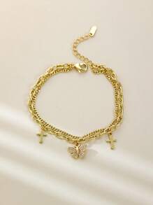 1 Peça Estilo Europeu & Americano Simples Dourado Sagrado Clássico Cruz Virgem Maria Cubic Zircônia Colorido Cristal Forma de Borboleta Tag Pulseira, Presente Ideal para Amantes, Amigos e Parentes, Uso Diário e Festivo Oração Dia dos Namorados