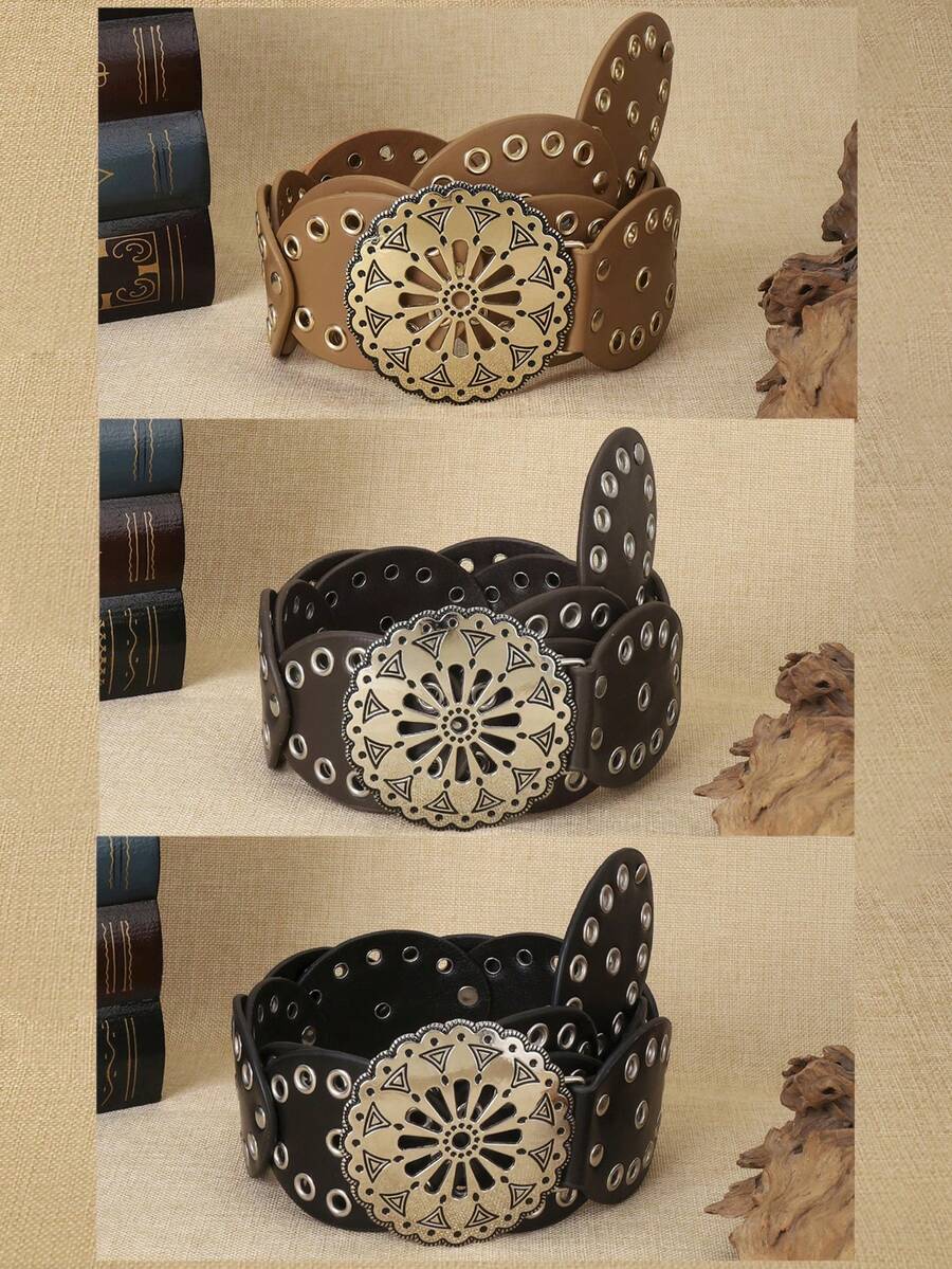 1pc Women's Street Style Western Boho Chic Heavy Metal Oval Patchwork Gold Lace Hollow Circle Buckle Rivet Waist Decoration Waist Belt Fashion Dress Accessory, Suitable For Various Gatherings, Parties, Casual Occasions Fall, Autumn, Halloween - Splicing - View 1