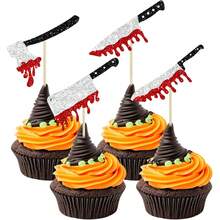 12pcs Halloween Cupcake Toppers Glitter Horror Blood Knife Cupcake Picks Have A Killer Birthday Cake Decorations For Halloween Blood Knife Theme Birthday Party Supplies