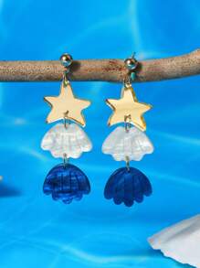 1Pair Summer Beach Vacation Ocean Elements Style Starfish Carving Patterns Shell Drop Earrings For Women Girls Accessories Jewelry