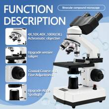 Microscopio biológico óptico compuesto binocular, con 4 objetivos actualizados, aumento de 40X-2500X, luces LED superior e inferior actualizadas, incluye oculares de campo amplio y paquete de regalo de observación, microscopio binocular con base de metal para experimentos