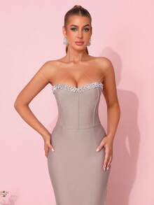 Modphy New Women's Rhinestone Strapless Slit Thigh Tube Bodycon Wedding Bridesmaid Dress, Holiday Party Bandage Dress - Aprikot - View 8