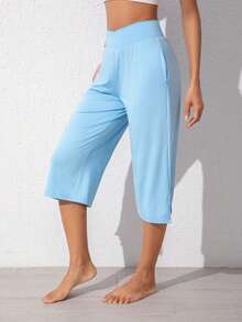 1pc Plain Color Outdoor Breathable High Elasticity 7/8 Sports Pants, Criss-Cross Waist Easy To Wear, Casual Running Tennis Shorts For Spring/Summer - 藍色 - 查看 3