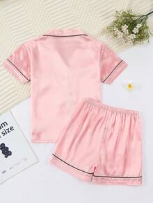 Girls Pajamas, Satin Silky Pjs Set Kids 2Pcs Button-Down Nightwear Sleepwear Gift For Kids - 粉色 - 查看 2